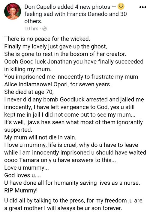 A concerned youth from the Niger Delta Bayelsa State accused ex-President, Ebele Goodluck Jonathan for being the cause of the death of his mother.