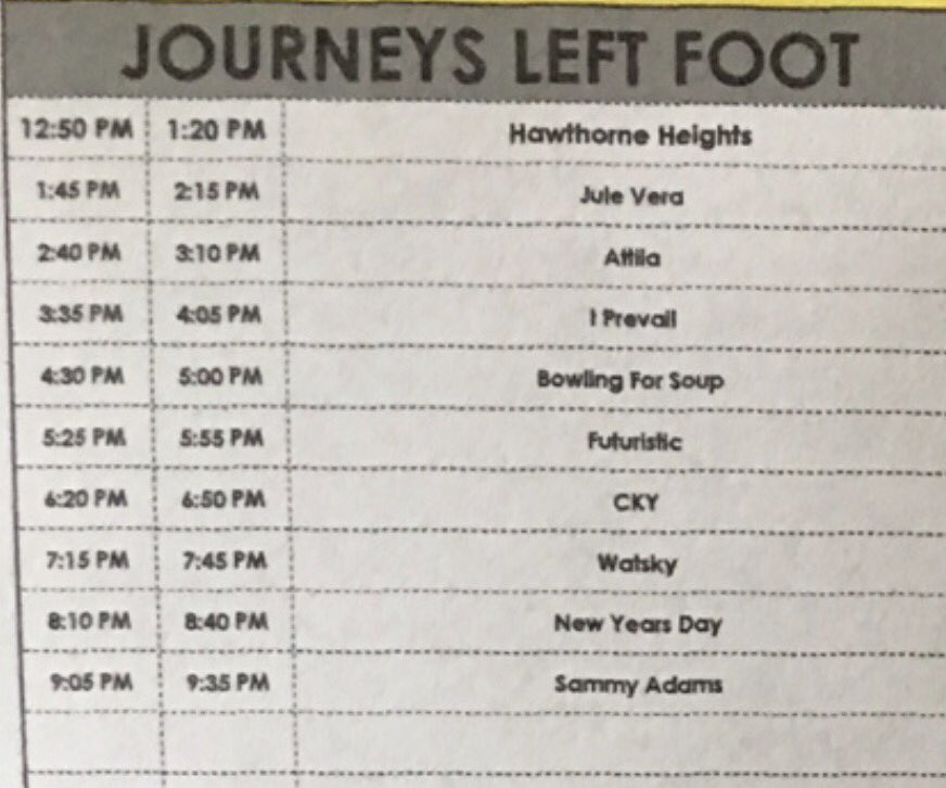 journeys's tweet photo. And here are the Journeys #LeftFootStage set times @VansWarpedTour #MarylandHeights https://t.co/pv14Log03x