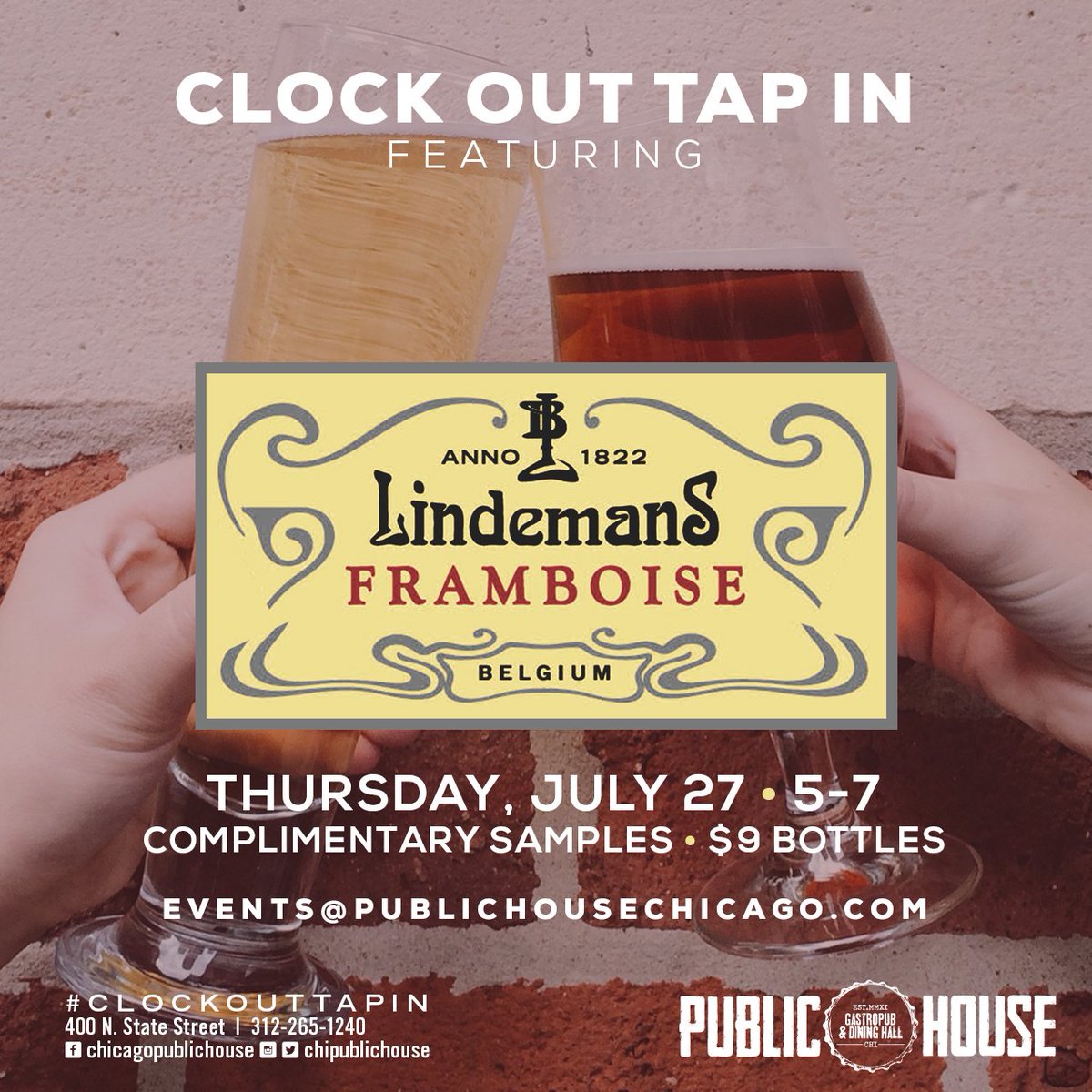 ChiPublicHouse's tweet photo. Sip back & relax with us tonight with complimentary tastings of @LindemansBeers' Framboise from 5 to 7pm! π» #ClockOutTapIn #ThirstyThursday https://t.co/8QdOsRtaMk