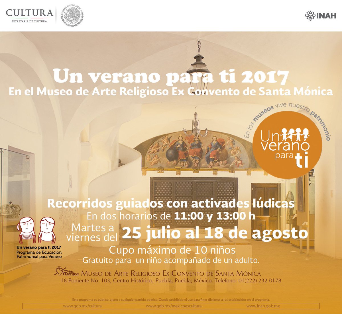 MuseoStaMonica's tweet photo. "Un Verano para ti"
Recorridos guiados con actividades lúdicas.
Horario: martes a viernes; 11:00 y 13:00 horas.
Cupo máximo para 10 niños. https://t.co/KBGDqRuVwG