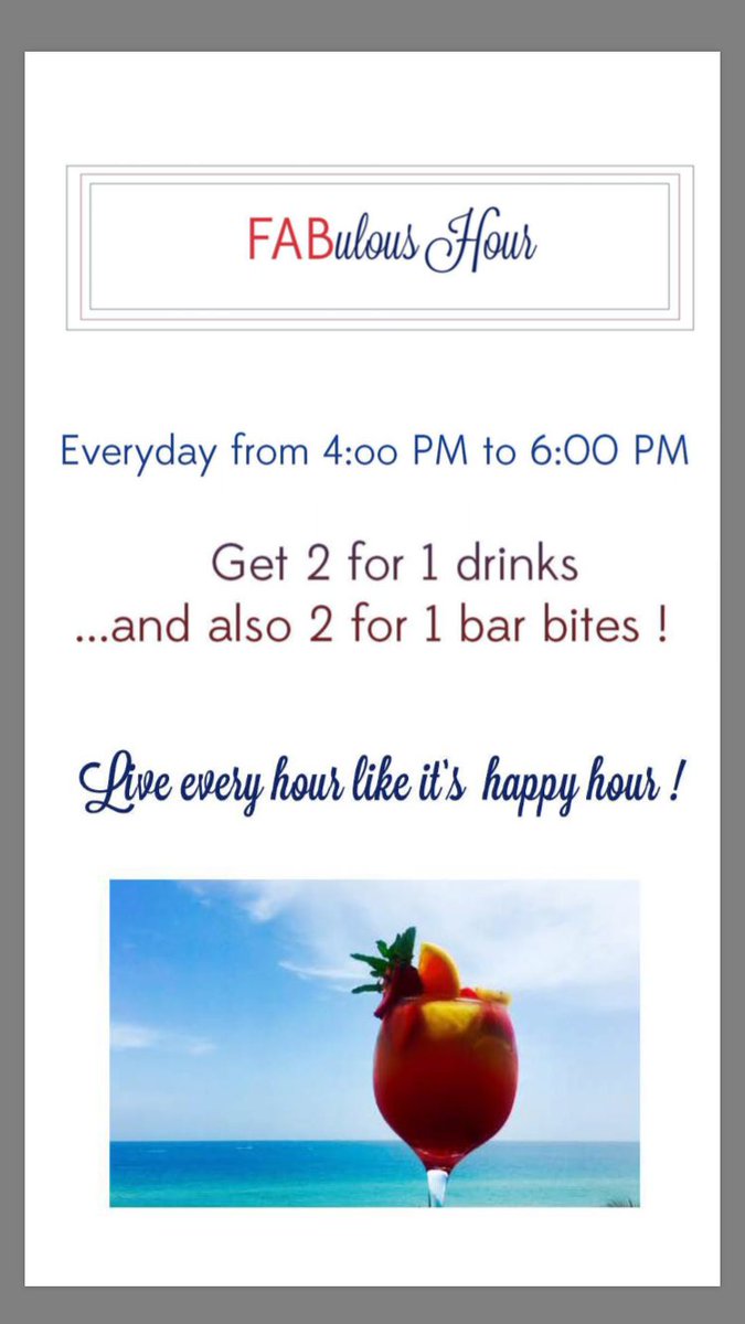 FreshAmerBistro's tweet photo. Introducing #HappyHour at FAB! From 4pm-6pm, enjoy 2 for 1 beverages and bar bites! Call 786-923-9305 for more info or come see us! #cheers https://t.co/Flfg356wuz