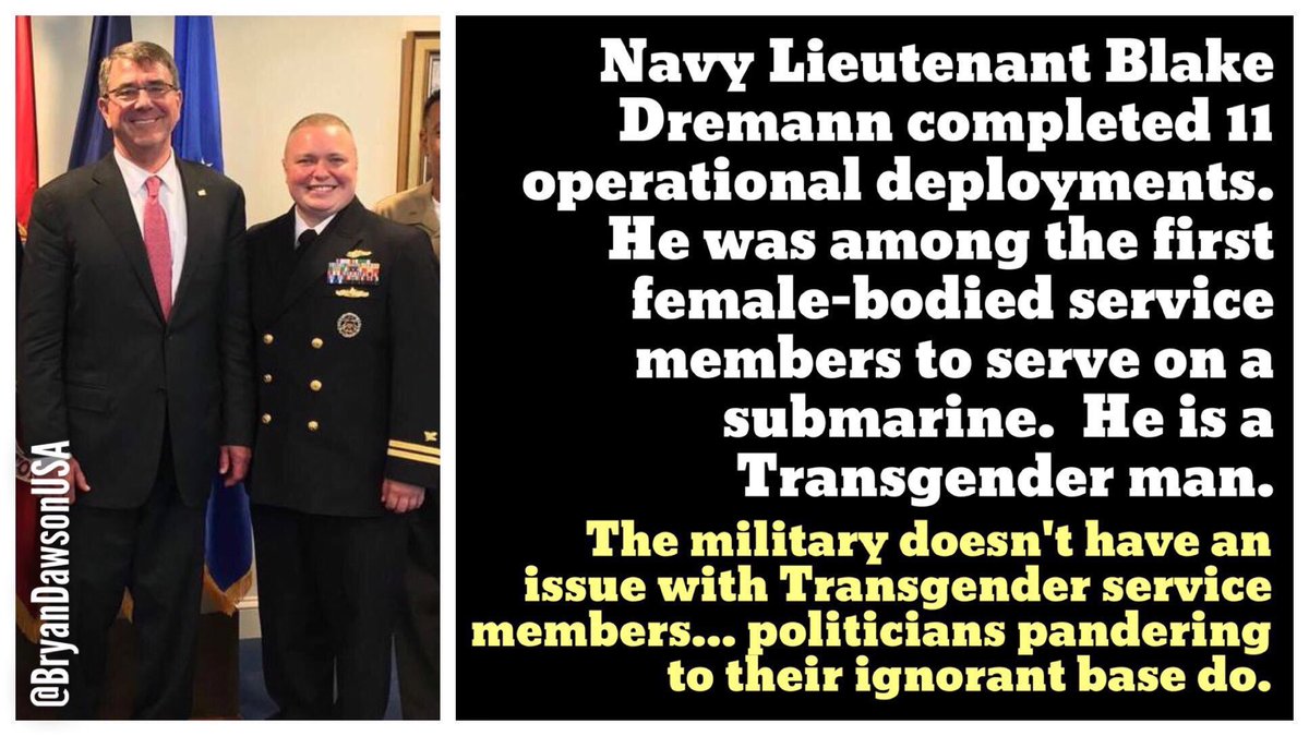 BryanDawsonUSA's tweet photo. Lt. Dremann served 11 deployments. Trump got 5 deferments. 

#Transgender #TransBan #TransRightsAreHumanRights #LGBT
@POTUS @realDonaldTrump https://t.co/j61hUbdn7w