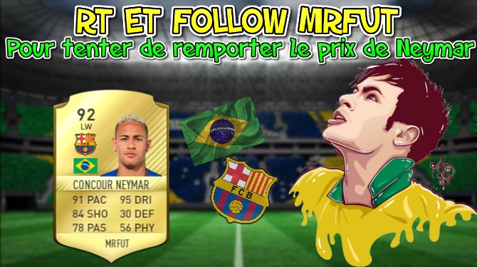 cemohtv's tweet photo. #CONCOURS🎁 🎁#GIVEAWAY🎁

 🇧🇷🇧🇷#Neymar 🇧🇷🇧🇷SOIT 210K #PS4 🔥 
 
🔥POUR PARTICIPER RT &amp; FOLLOW @Mrfut2015🔥  

🍀 TAS 30/07 A 20H 🍀  #FUT17 ⚽️ https://t.co/PSrnsKwTsH