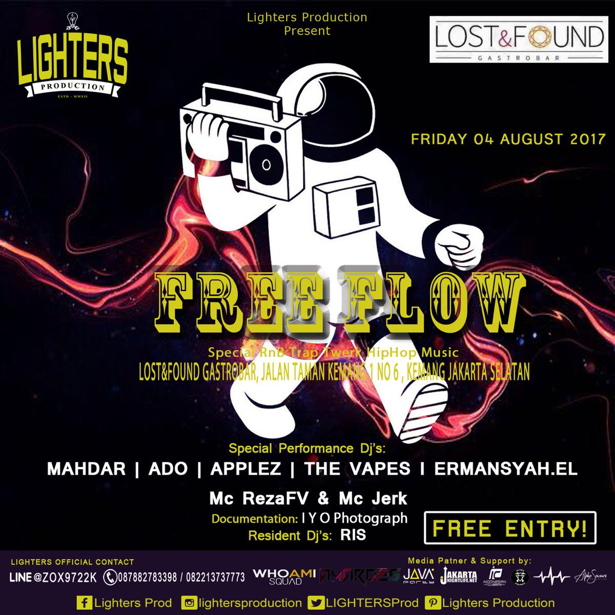 Coming Soon!!
<a href="/LIGHTERSProd/">LIGHTERS PRODUCTION</a>
Present :
Feel the "Free Flow " of Electro, Twerk , Trap tune
@ Lost &amp; Found Kemang Jkt
Friday , 4th Augst 2017