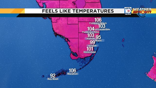 It's almost 2:30 p.m. and the heat index is exceeding 105° in Pompano Beach and Marathon. https://t.co/4ZrEKaxyEI