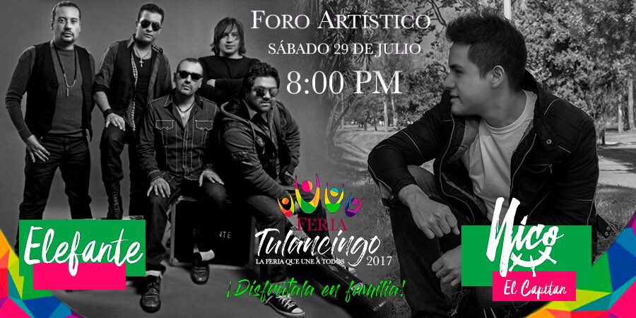 nicomusicamx's tweet photo. Este sábado nos vamos a Tulancingo Hidalgo con Elefante 8 pm #elcapitán #ultimosshows #yavienelonuevo https://t.co/2uZpfWodVH