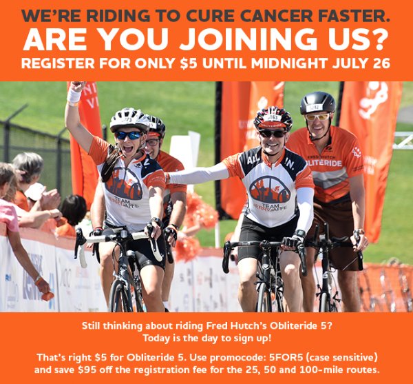 Obliteride's tweet photo. Today only! Obliteride 5 for $5! Register to #ride 25, 50 or 100mi. before midnight. https://t.co/q1uMAR0I6Q @fredhutch #cycling #fundraiser https://t.co/qo2d45H5oH