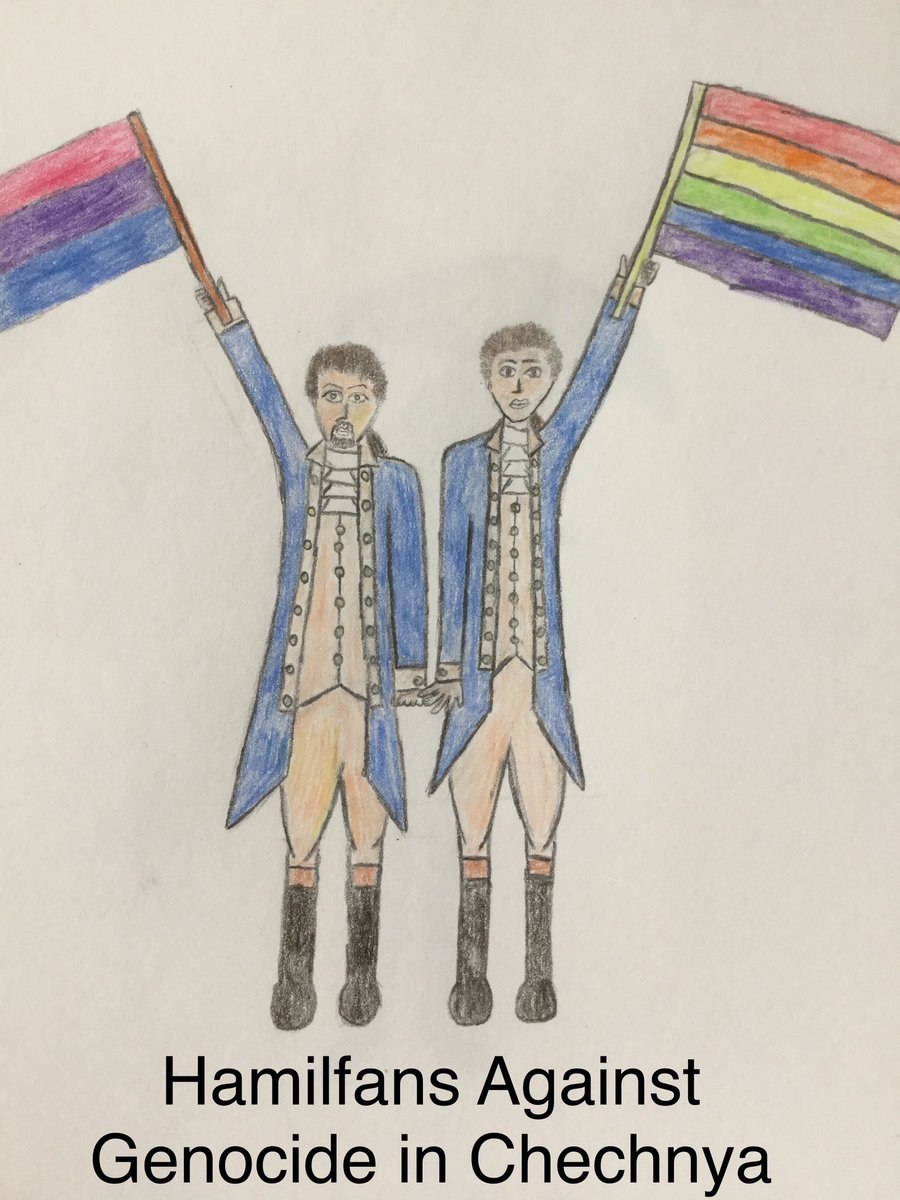 MeganGackler's tweet photo. @Hamilchat Fellow Hamilfan! Please help me spread awareness of genocide of gay &amp; bi men in #Chechnya by sharing this drawing! https://t.co/92MVeb4XVo