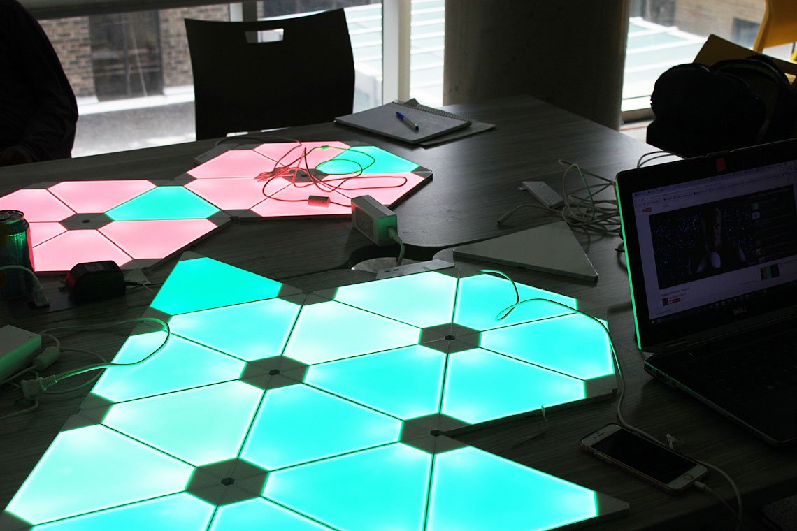 UofTCompSci's tweet photo. Syncing light to music: @UofT_DCSIL & @cssu #hackthelight with #UofT startup @nanoleaf https://t.co/snDsJPJmKf (via @UofTNews) @UofTStartup https://t.co/ZslEwlY6kk