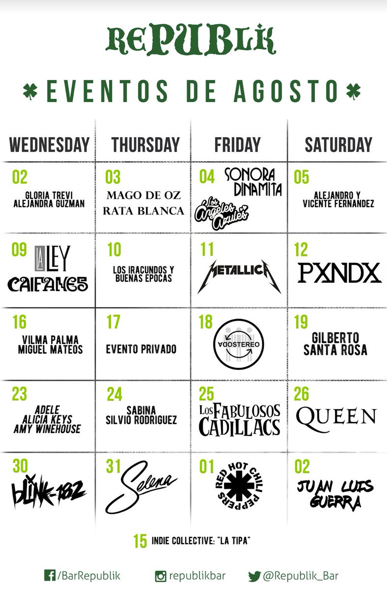 RepublikManager's tweet photo. Menu musical @republik_bar  AGOSTO @socialpoiint @criticotvradio @Promusica_sv  reservas al 2230 0041 https://t.co/fY8eKcfGhj