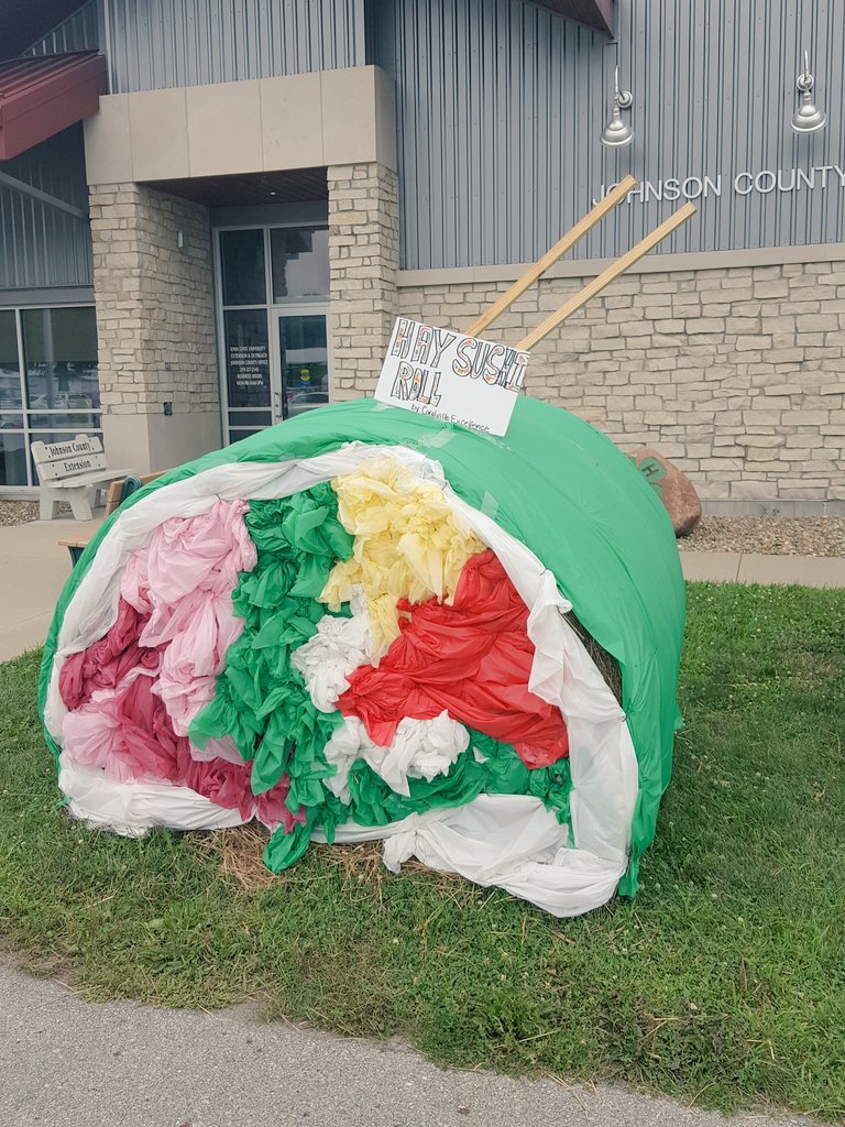 Cys_RD's tweet photo. Decorated bales (sushi included 🍣) at Johnson Co Fair!🍀The s'mores is my fave as I'm a Graham Champions alum! #4Halum @iowa4h @ISUExtension https://t.co/QZcv8Unlsl