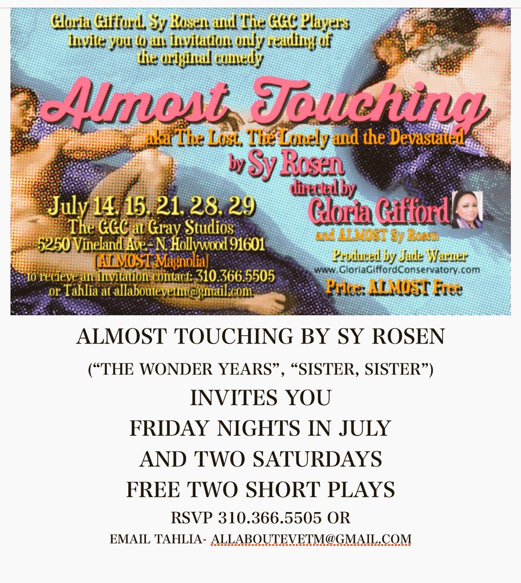 GGCPlayers's tweet photo. Fun fun fun this FRI & SAT 8pm #ALMOSTTOUCHING #SYROSEN #WRITER @GloriaGifford directs and stars in this! You don't want to miss this! #GGC https://t.co/n80xYa5zCA