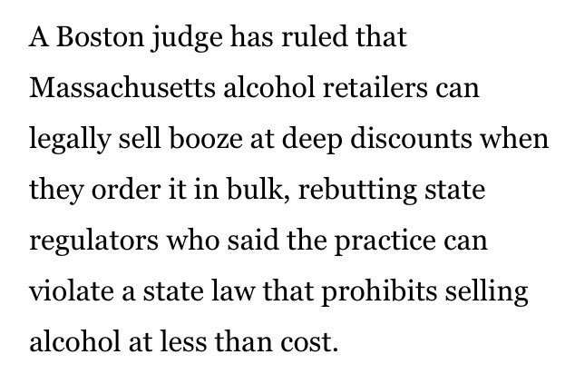 MA Court Rules in Favor of Retail Sales of Discounted Booze bostonglobe.com/business/2017/… via <a href="/Dan_Adams86/">Dan Adams</a> #bostonglobe <a href="/riwlaw/">Ruberto, Israel & Weiner</a>