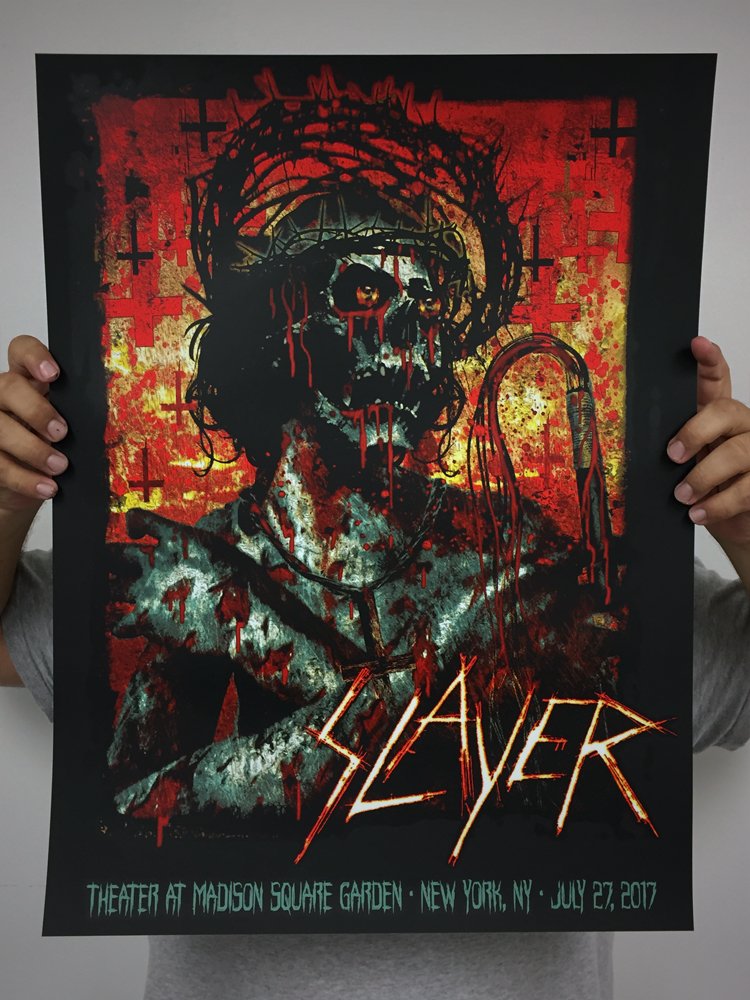 Slayer's tweet photo. NYC 7/27 - Limited edition poster by @weirdartpdx available at the show and 15 will be made available on 7/28 at https://t.co/QB6mSSmFfm https://t.co/HS9dOuJpBL
