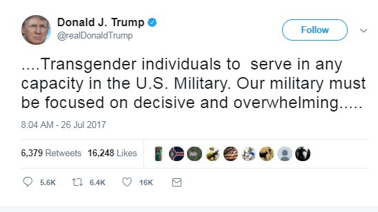 Trump says transgender people should be barred from military 1310news.com/2017/07/26/tru… https://t.co/keH3UhDguq