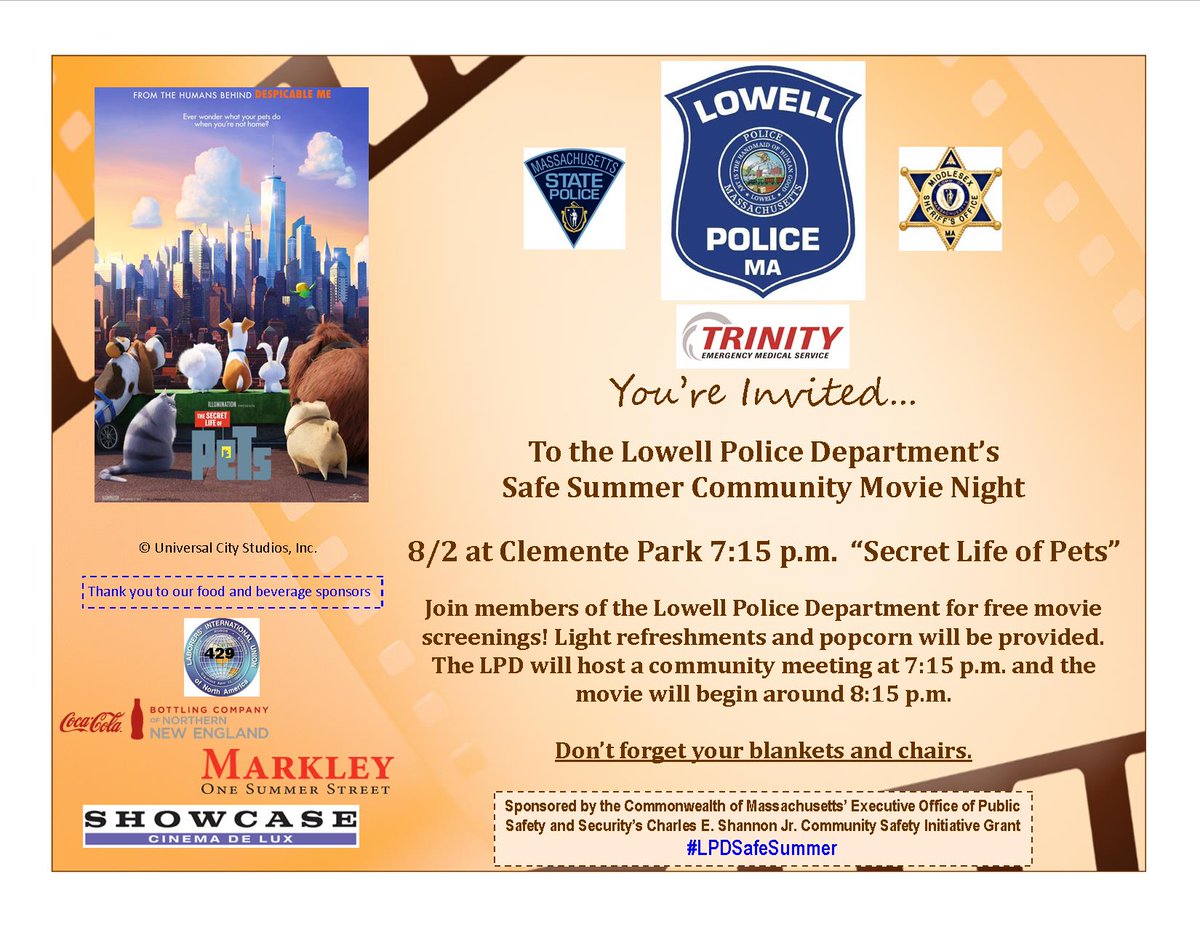 LowellPD's tweet photo. Hope to see you at the next LPD Safe Summer Movie Night 8/2 at Clemente Park! #LPDSafeSummer @TrinityEMS @msosheriff @MassStatePolice https://t.co/qzB2HrbuqU