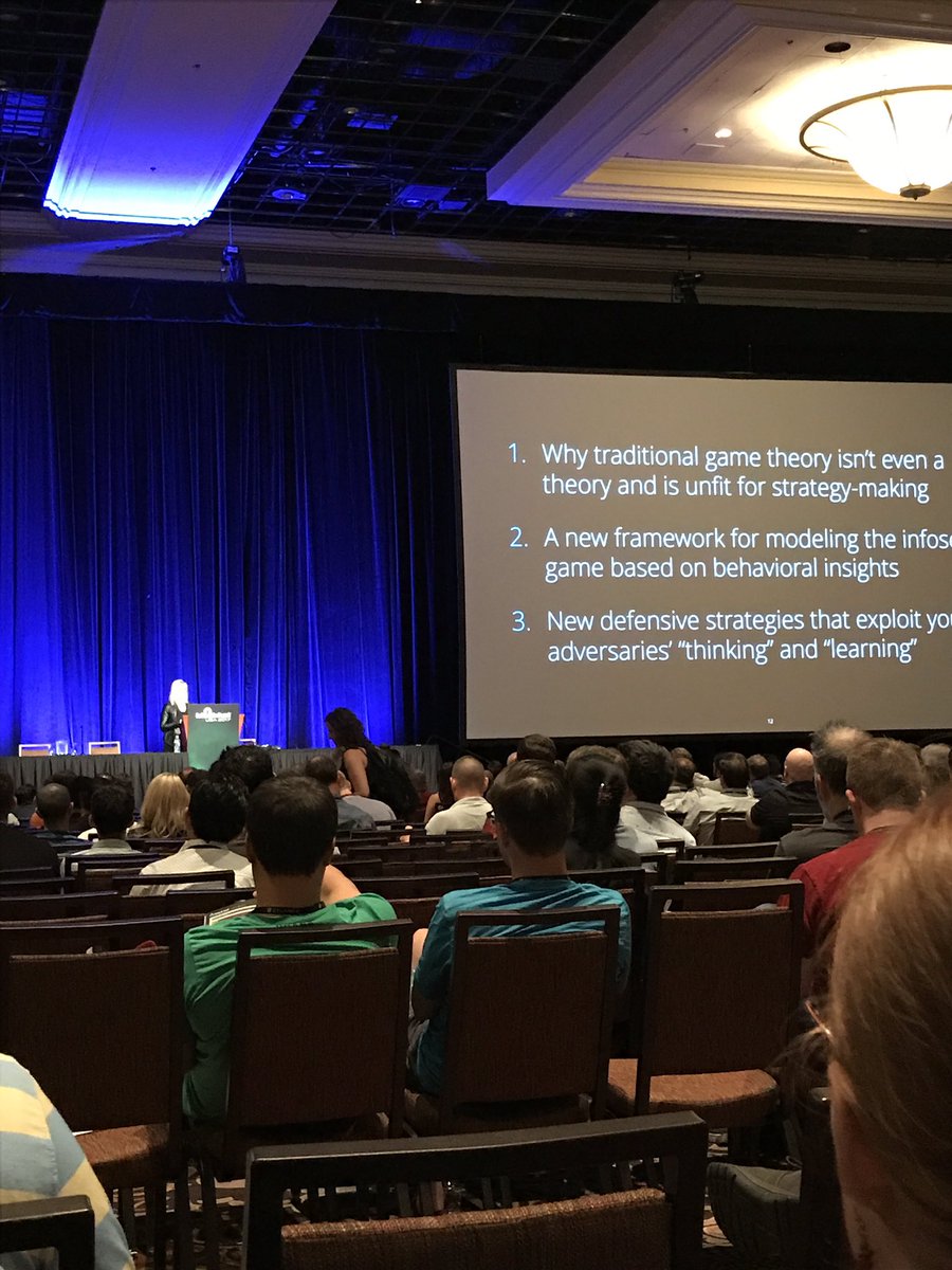 FrankMcG's tweet photo. 'Big Game Theory Hunting: The Peculiarities of Human Behavior in the InfoSec Game' talk with @swagitda_ . #BHUSA @BlackHatEvents https://t.co/VkrQUx7JkO