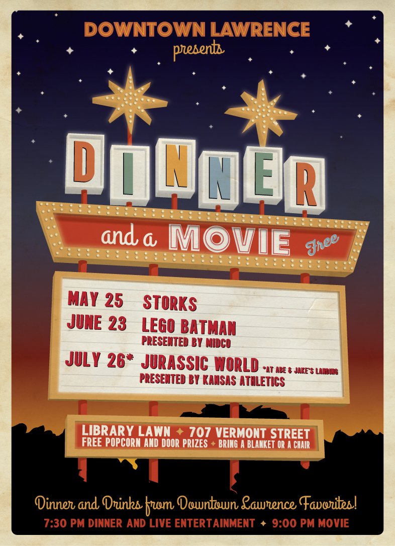 downtwnlawrence's tweet photo. Gearing up for our last Dinner & A Movie at @AbeJakesLanding . We're showing @JurassicWorld at 7pm. Doors open at 6pm. Come join us! #2017JO https://t.co/0lvh4Ins7C