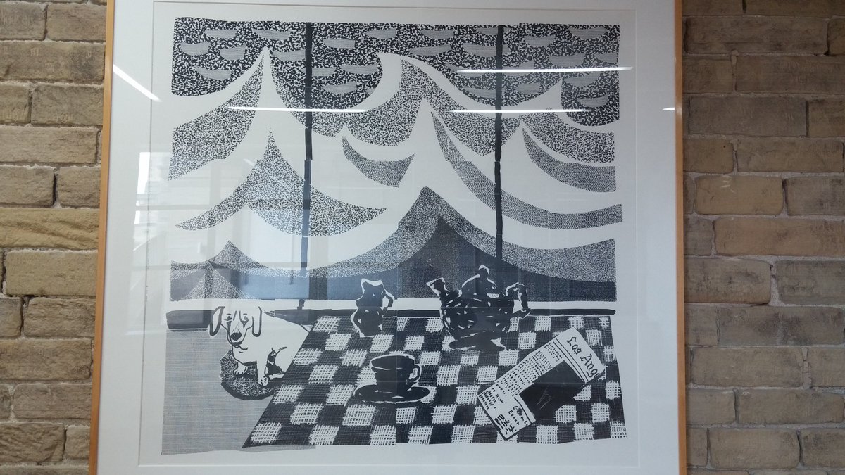 HelSingleton's tweet photo. Lunchtime in Salts Mill - Hockney art via the medium of fax c1989 #walkfromwork https://t.co/kAlNWdNKAW