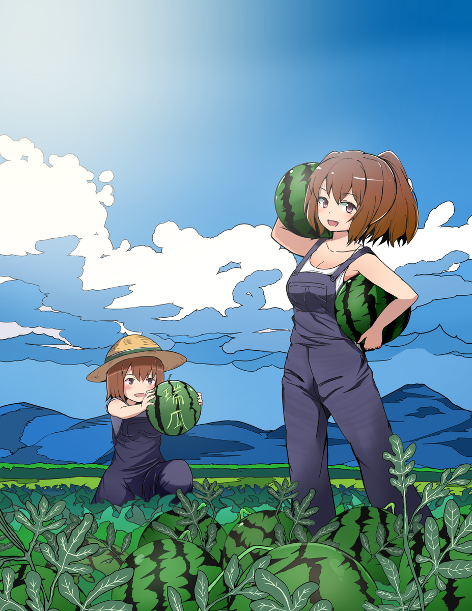 hyuuga (kancolle) ,ise (kancolle) multiple girls 2girls food fruit overalls watermelon brown hair  illustration images