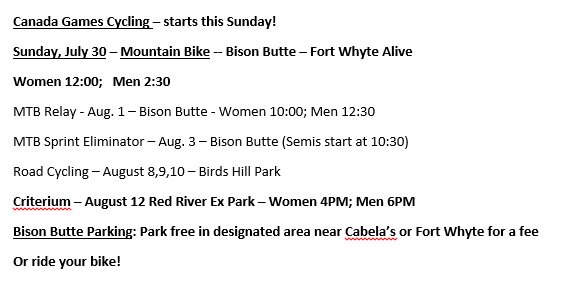 Canada Games Cycling coming to WPG starting this Sunday with Mtn Biking on brand new Bison Butte course. See the schedule below and retweet!