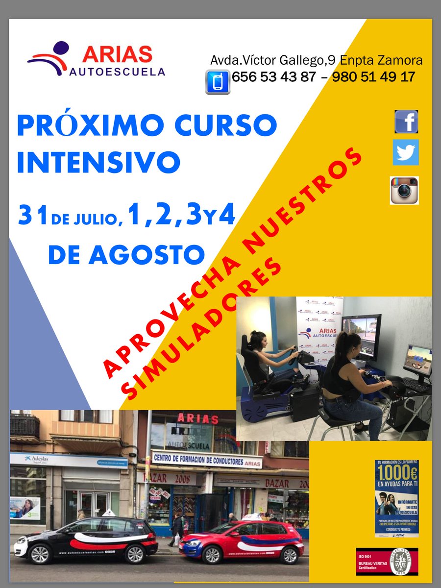 AutoAriasZamora's tweet photo. Curso intensivo 31 Jul, 1, 2, 3 y 4 Agosto. Usa nuestros Simuladores.#CursosIntensivos #AutoAriasFormacion #SimuladoresdeConduccion #Zamora https://t.co/QRWfp4jiEe
