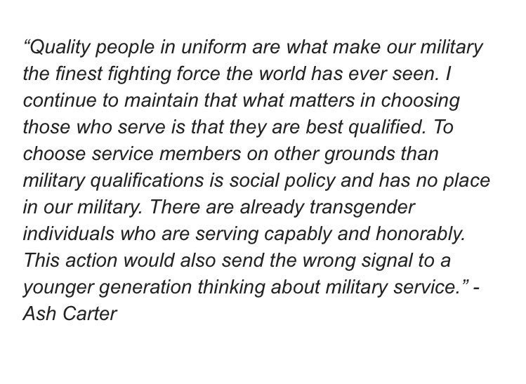 Please share statement from former Defense Secretary, Ash Carter, on transgender people serving in military.