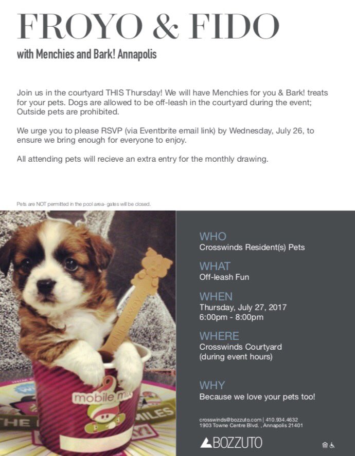 CrosswindsATC's tweet photo. Friendly Reminder:Submit RSVP today if you're interesting in joining us tomorrow for our Froyo &amp; Fido event w/@mymenchies &amp; @bark.annapolis! https://t.co/Bo8WdKEmUg