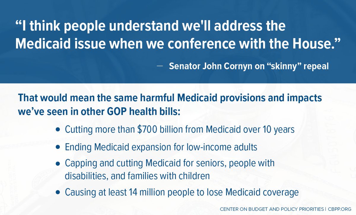 CenterOnBudget's tweet image. No one should be fooled by this attempt at a "skinny repeal" bill. This is what it means: bit.ly/2uCRQTb 
@GreensteinCBPP