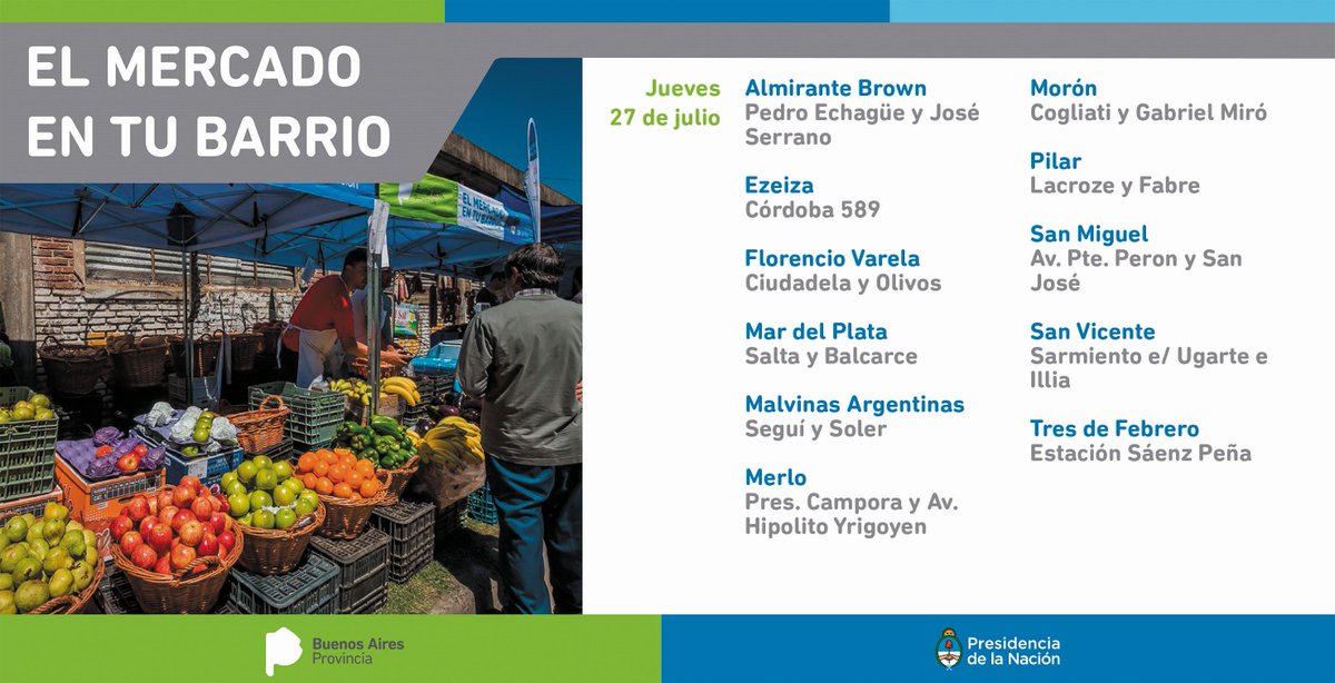 Produccion_PBA's tweet photo. ¡No te olvides! Mañana, #27DeJulio, acercate a #ElMercadoEnTuBarrio donde podés comprar productos frescos y de calidad a menor costo https://t.co/yQZsdJM4q4