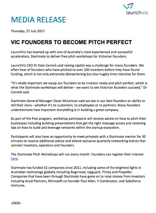We have teamed up with <a href="/startmate/">Startmate</a> to deliver free pitch workshops for Victorian #founders. Register your interest bit.ly/2tE0OOG