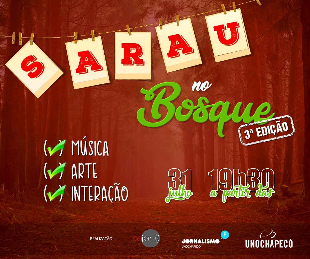 Cajoruno's tweet photo. 📢 Vem aí a 3ª edição do Sarau no Bosque!!! O objetivo é recepcionar os estudantes para o segundo semestre do ano. #VemproSarau #CAInforma https://t.co/tG5JbpJ6vH