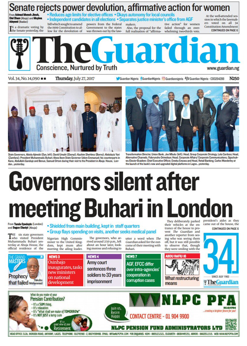 GuardianNigeria's tweet photo. Inside The Guardian on Thursday – Governors silent after meeting Buhari in London. Get The Guardian today. https://t.co/VVbvlusaxk