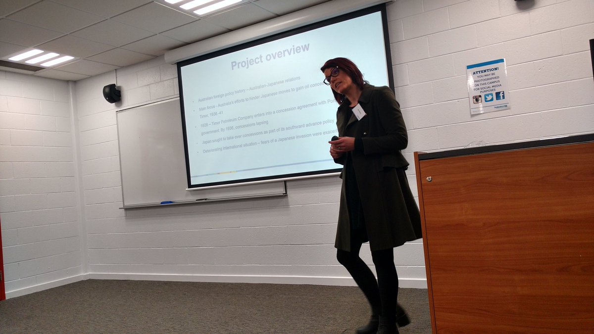 AmyClaughton's tweet photo. Kat Avery explaining Australia's struggle for oil concessions in Portuguese Timor (1936-41) #FedUniHDR17 https://t.co/R270DJ7GWP