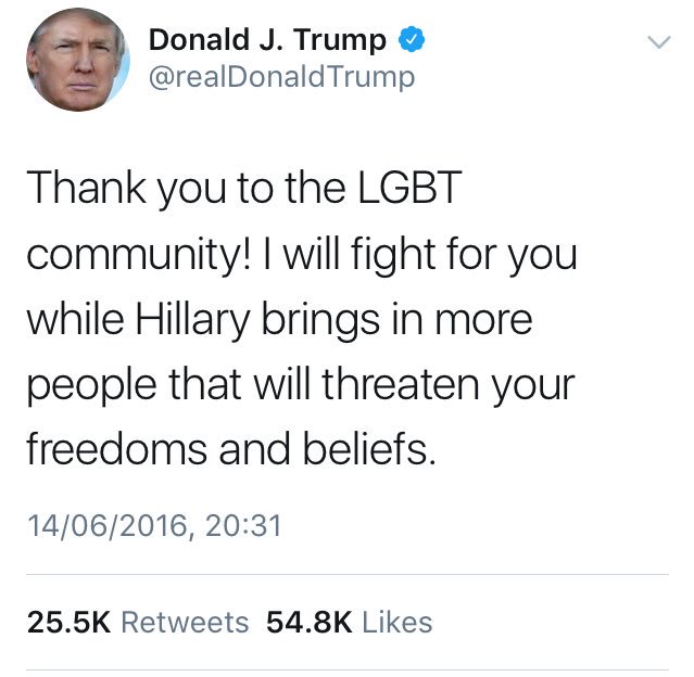 jmc41815's tweet photo. @realDonaldTrump Not only are you a liar because you said that you would support LGBQT -- the T stands for trans, you lump -- but you're ruining our country. https://t.co/LgEGRsjC6o