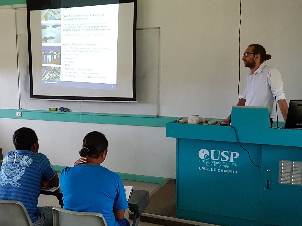 AceSkene's tweet photo. @Seamoht delivering a #marinelitter lecture to students @USPEmaluscampus as part of the #CMEprogramme. @CefasGovUK @BHCHoniara https://t.co/pYQsHh0u1o