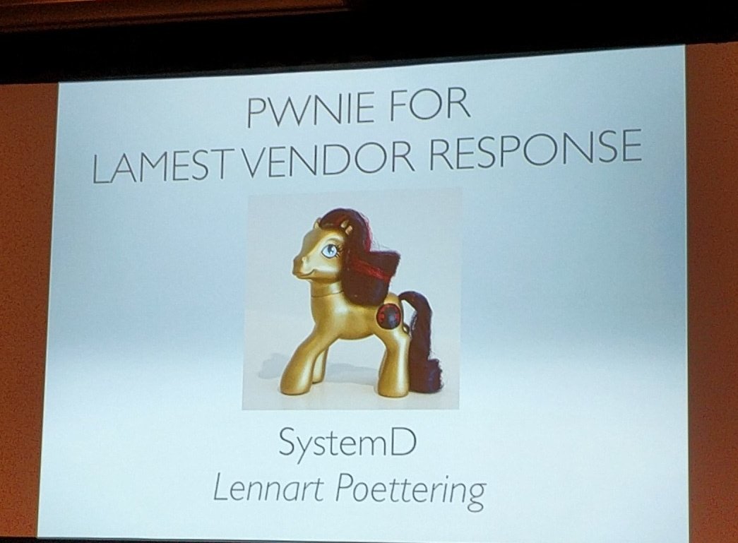 dalmoz_'s tweet photo. Lamest Vendor Response #PwnieAwards goes to Lennart Poettering for SystemD f*ckups https://t.co/mxX712HDC7