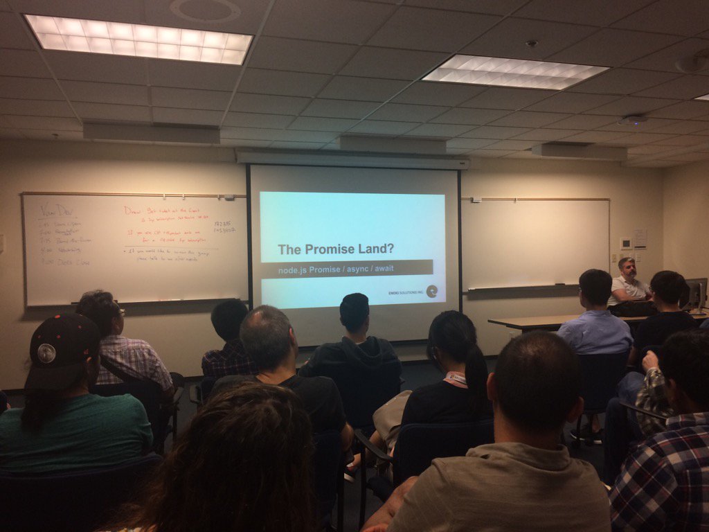 Alexandra933's tweet photo. Tonight, checking out the #Promise land exploring async/await in node.js @tangledbones presenting #VanDev https://t.co/8UlIRwTpUR