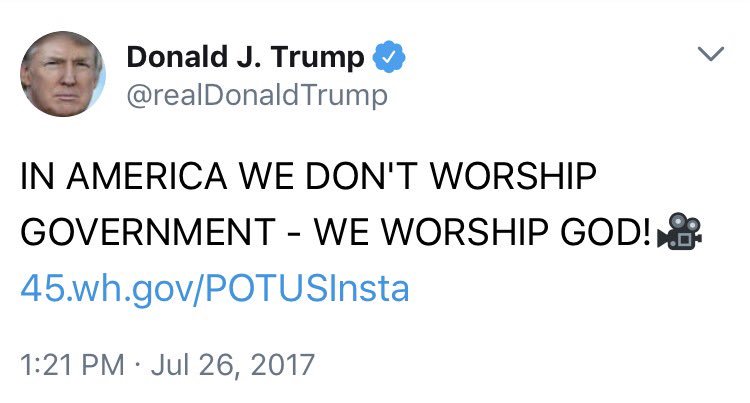 Actually, <a href="/POTUS/">President Donald J. Trump</a>, in America the president doesn't get to tell people who or what to worship. And certainly not in ALL CAPS. You're a clown.