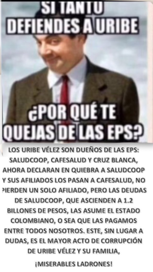Lalalerer1's tweet photo. @CarlosHolmesTru @CeDemocratico Vea pues se robaron la salud de los colombianos y ahora vienen a vendernos la idea q ellos son los salvadores . https://t.co/gq8jHzyJFC