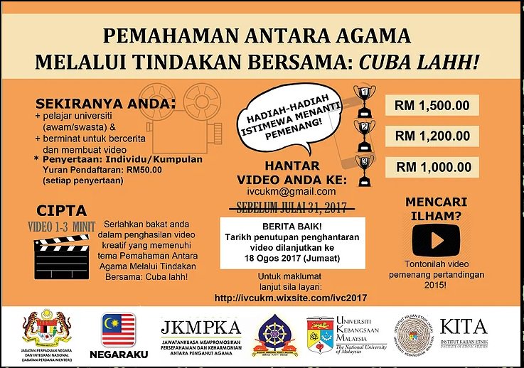 Pertandingan Video Pemahaman Antara Agama 2017 #UKMxKITA #IVC2017 Ini adalah info tread, sebarkan dan jom sertai!