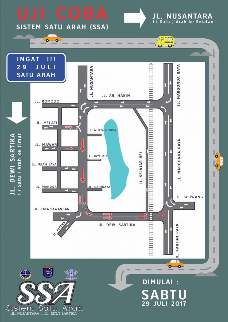 Mohon dukungan &amp; doa.
Unt mengurangi kemacetan, Sabtu ini (29/07/17) diberlakukan Sistem Satu Arah di Jl.Dewi Sartika &amp; Jl.Nusantara Raya