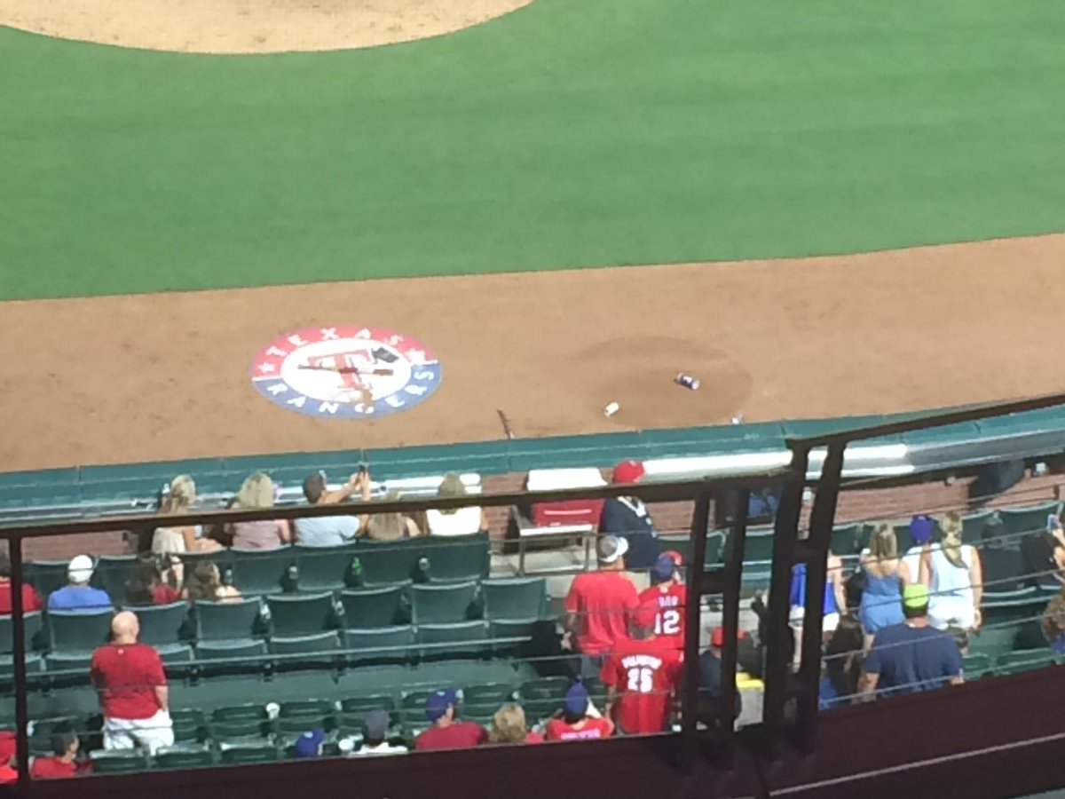 timbhealey's tweet photo. Adrian Beltre was ejected for dragging the on-deck circle after ump asked him to get in it. You can see how far he moved it. https://t.co/EdthGPrLNC