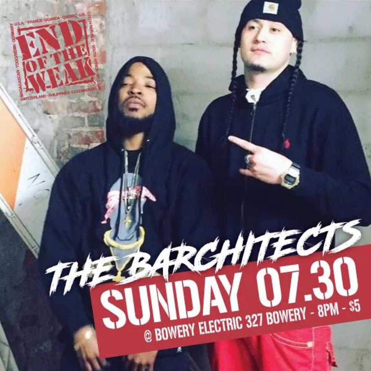 Catch the <a href="/TheBarchitects/">The Barchitects</a> performing live this Sunday 7-30-17 @ Bowery Electric. Doors open at 8pm. $5 dollar entry.