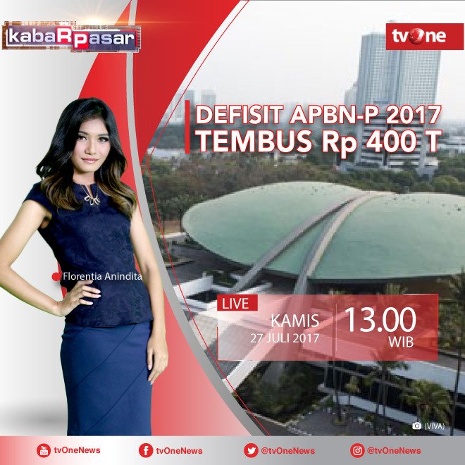 tvOneNews's tweet photo. Kabar Pasar : Defisit APBN-P 2017 Tembus Rp 400 T
Saksikan, pkl 13.00 WIB bersama Florentia Anindita
LIVE di tvOne
#KABARPASARTVONE https://t.co/mEFuMFEjv3