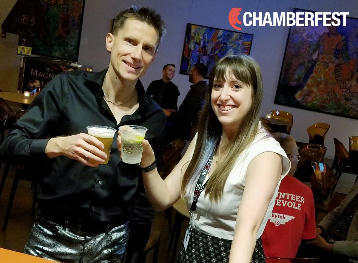 Chamberfest's tweet photo. Pianist #JohnStetch enjoying a drink &amp; #Ottawa accolades at #ChamberFringe w @Chamberfest Artistic Administrator Jenna Richards
#GetFestive https://t.co/mFypB3dgZh
