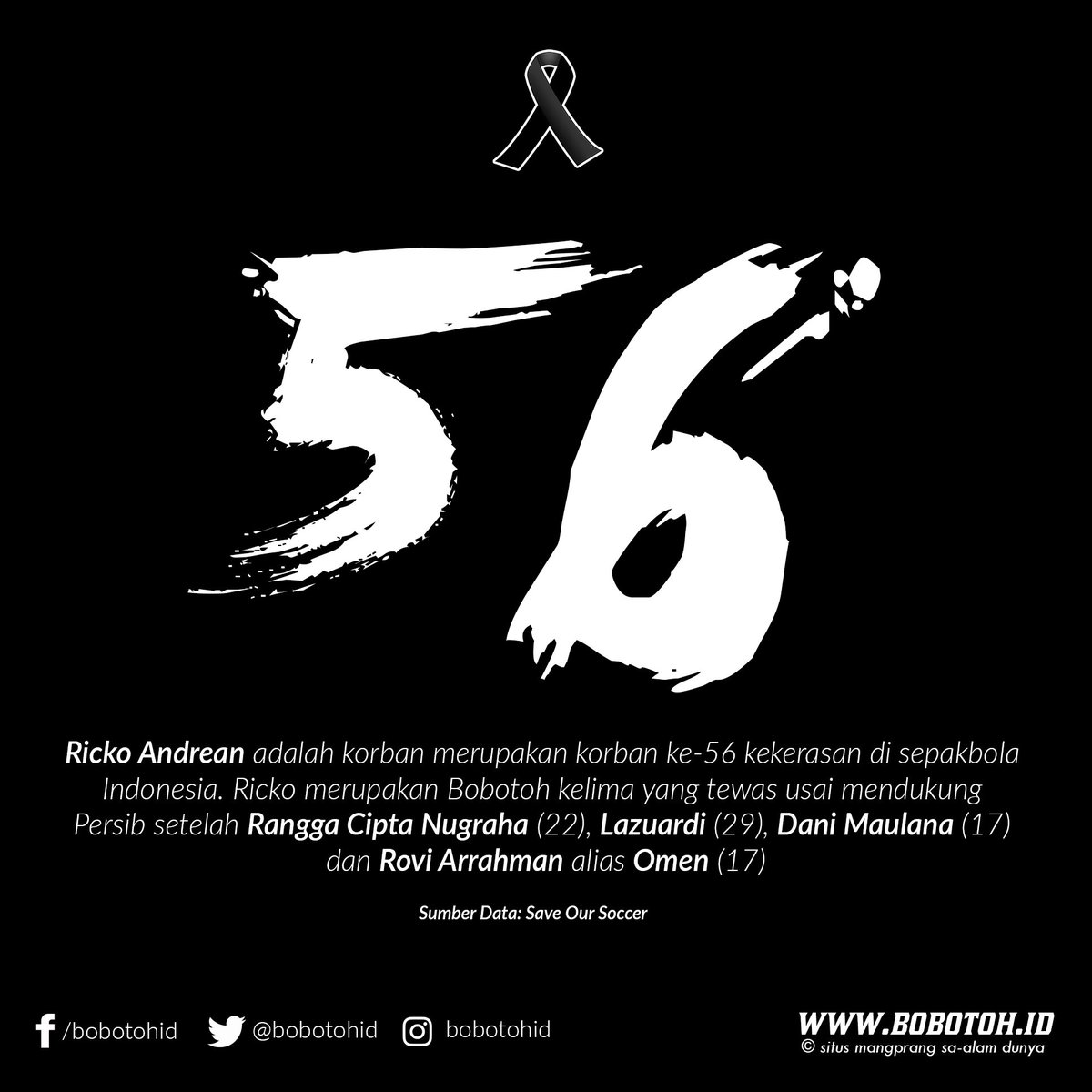 bobotohid's tweet image. Ricko adalah korban ke-56 kekerasan sepak bola Indonesia. Korban ke-5 yang berasal dari Bobotoh. #BobotohBerduka #RekNepiIraha #MariBerubah