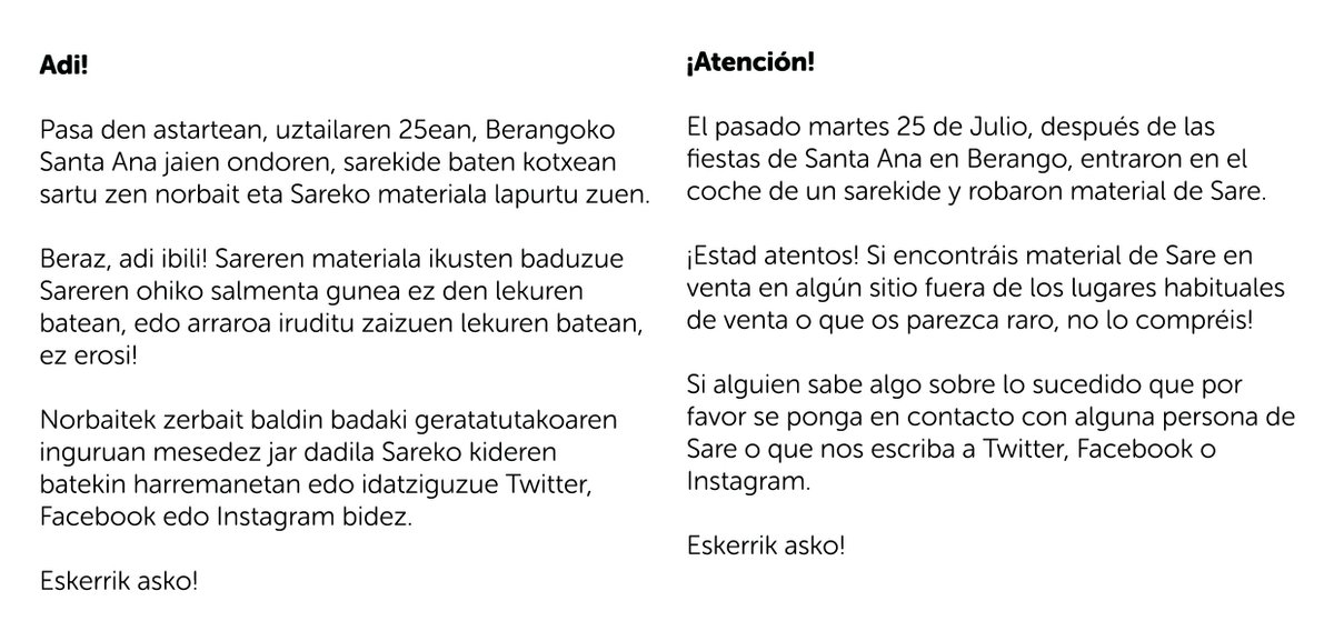 sare_herritarra's tweet photo. Adi! Sareren materiala lapurtu diote sarekide bati Berangon. Mesedez, ez erosi ezer Sareren ohiko salmenta guneetan ez bada. https://t.co/Vrs1CYglHE