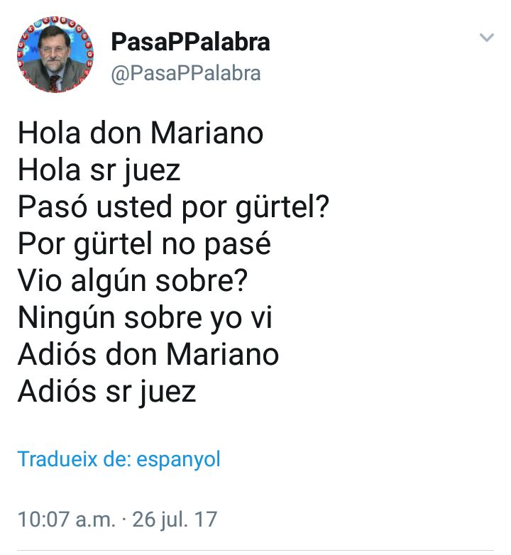 SomPDeCAT's tweet photo. Podríem dir que aquest és el resum de la declaració de Mariano Rajoy davant del jutge, ahir. #Rajoydeclara #Rajoygurtel #DeclaraRajoyARV https://t.co/AxEImI0TLQ