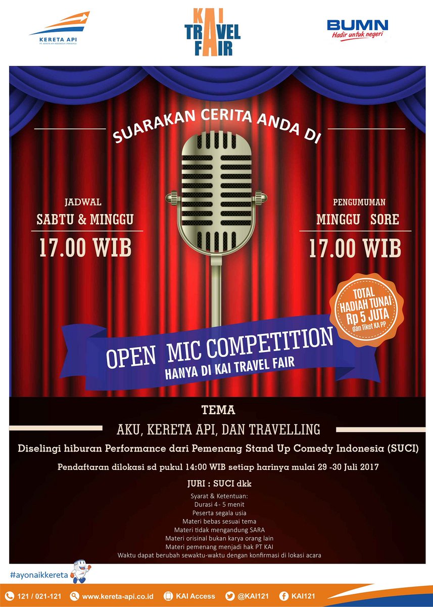 KAI121's tweet photo. Suka ngelawak/ngelucu?
•
•
•
Ikuti #OpenMicCompetition "Aku, Kereta Api & Travelling". Buktiin disini!
#KAItravelfair
#KATF
#AyoNaikKereta https://t.co/JIcp5Xlrna